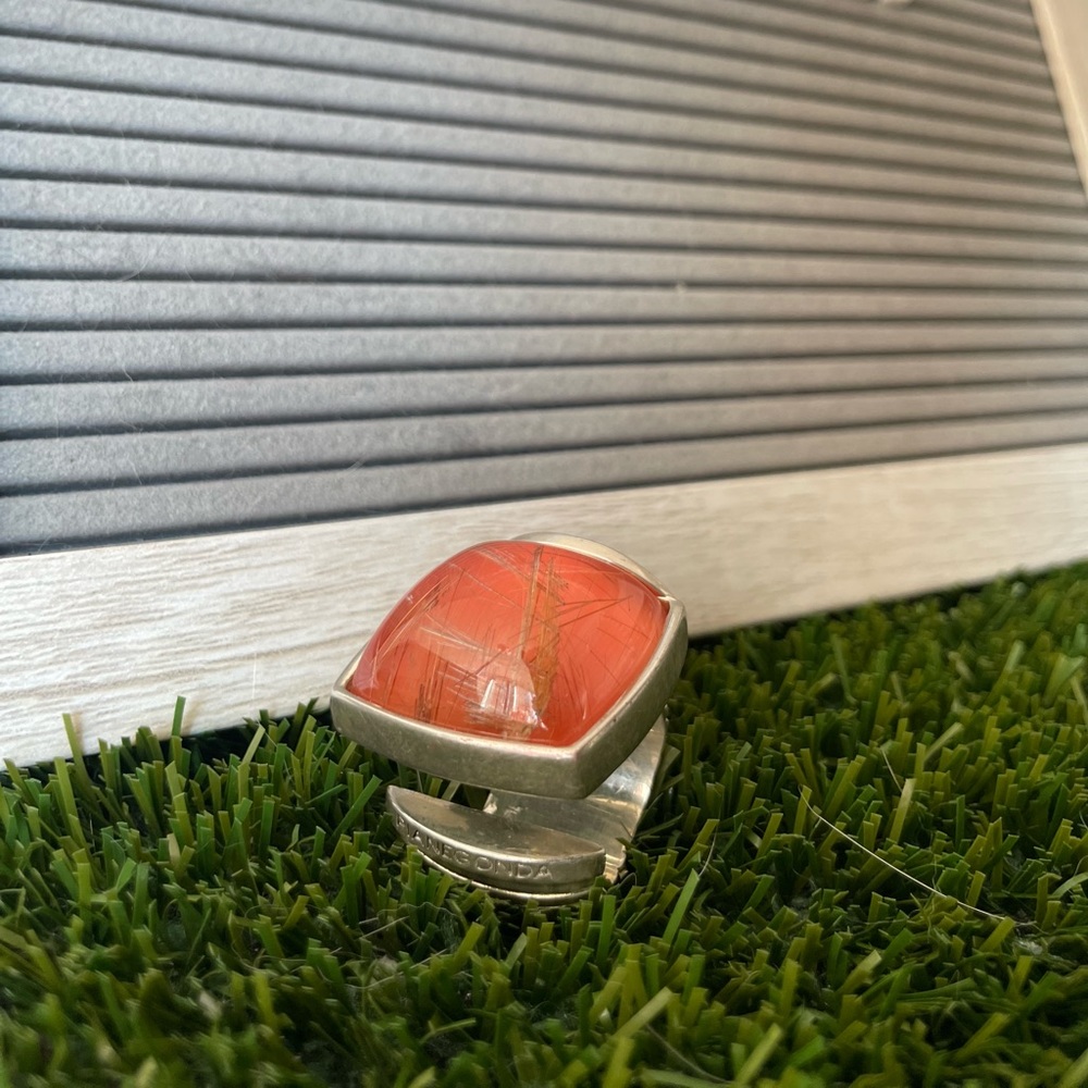 PIANEGONDA RITULATED ORANGE QUARTZ STERLING STEEL RING - Picture 7 of 10